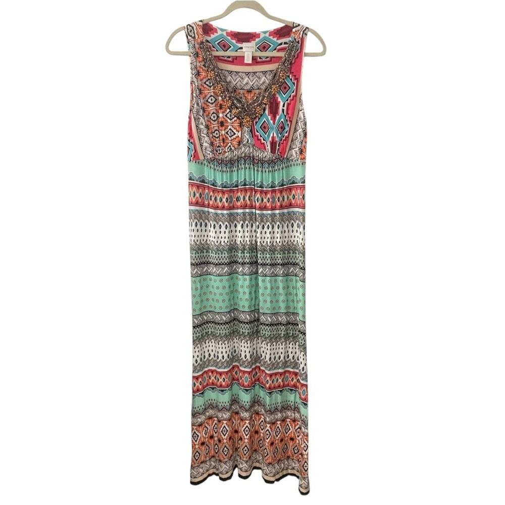 Chico’s Beaded Neckline Maxi Dress Geometric Print Size 0 (Equivalent to XS/S)